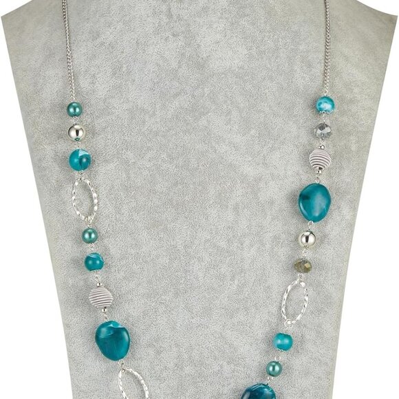 Beaded Long Necklace for Women Silver Sweater Chain Necklace with Crystal Resin - Picture 2 of 6